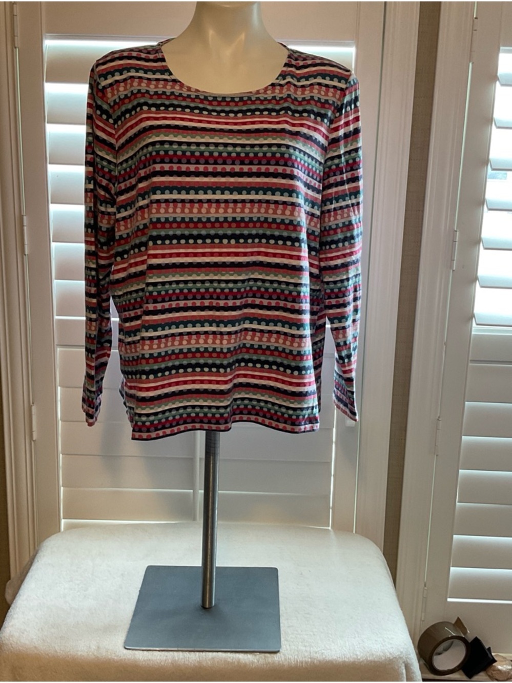 Talbots Pink Navy Cream Striped Dot-Pattern Long Sleeve Top